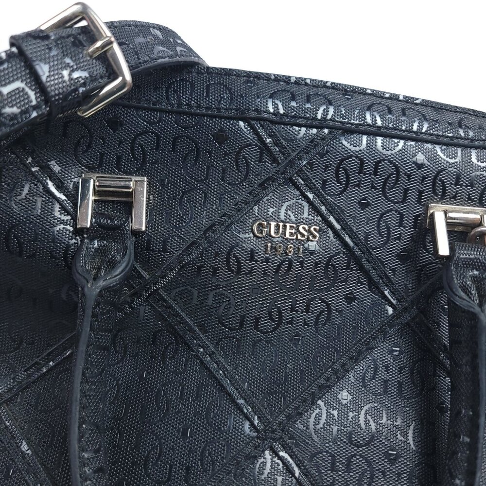 GUESS 1981 Black Logo Satchel Handbag PVC Monogram Boston Bag w/ Strap - Picture 6 of 15